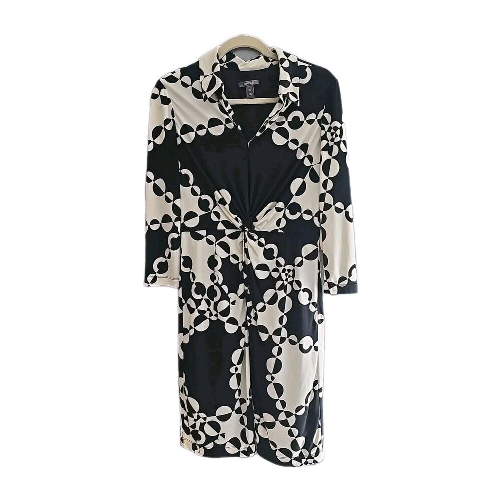 Muse Black White Geometric Twisted‎ Front Long Sleeve Shirt Dress Womans Size 10